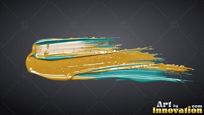 A thick streak of gold and teal paint on gray