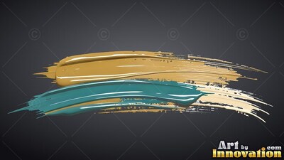 Thick ridges of glossy gold and teal paint sweep horizontally across a plain black background