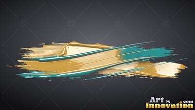 Teal and yellow-gold paint sweeps across a dark backdrop with shiny highlights