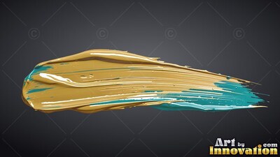 Sweeping horizontally across dark gray, a thick brushstroke of teal paint mixed with glossy gold paint