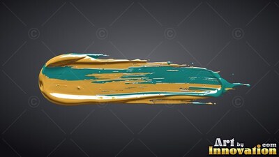 A horizontal smear of deep gold and teal colored paint across a dark gray backdrop