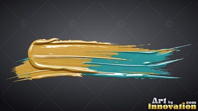 On a dark gray background, a thick smear of gold and teal colored paint sweeps across