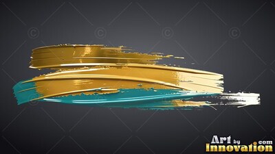 Sweeping across a dark background, thick strokes of gold and teal colored paint shine