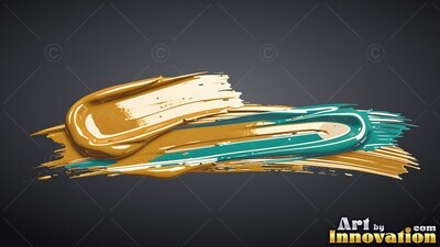 Glossy yellow and teal paint smears stretch across a plain dark gray background