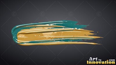 A thick paint brushstroke sweeps across dark gray, blending glossy ochre and teal stripes