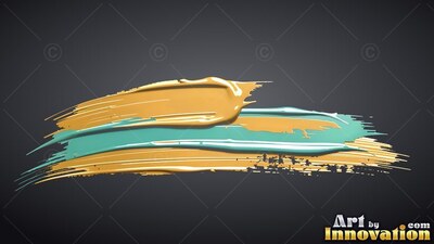 Sweeping horizontally across dark gray space, broad gold and turquoise paint smears