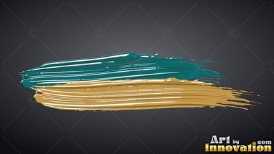 Thick streaks of teal and shiny gold paint spread across a dark backdrop
