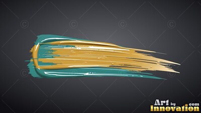 On a dark gray backdrop, a thick teal and glossy gold paint stroke sweeps to the right