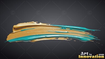 Sweeping across dark gray, a thick brushstroke blends gold and turquoise paint