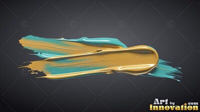 Dense gold and teal colored paint smeared across dark gray