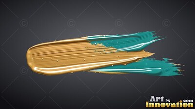 Ridges of broad gold and teal paint stretch over dark gray background