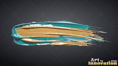 A thick paint stroke sweeps horizontally, blending glossy teal and warm gold ridges