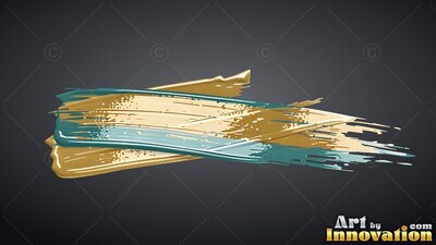 Stretched horizontally over dark gray, thick gold and teal paint strokes sweep right