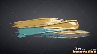 Thick streaks of shiny gold and teal paint across a deep gray background