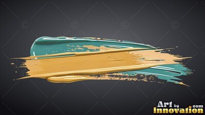 On a dark gray backdrop, a thick glossy gold paint streak covers a teal brushstroke