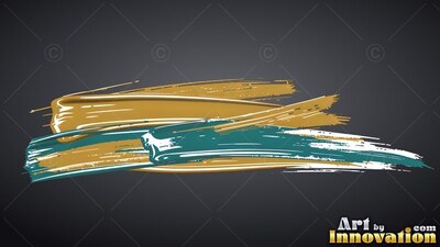 Sweeping across a dark backdrop, deep gold and teal paint marks overlap