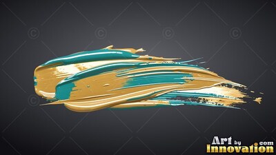 Thick teal ridges swept across a yellow-gold paint stroke over a plain dark gray background