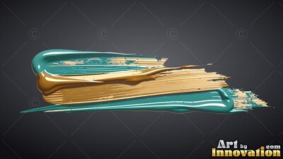 Sweeping horizontally across dark gray, thick teal paint mixed with gold paint marks