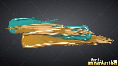 Thick teal and gold paint brushed over dark gray backdrop