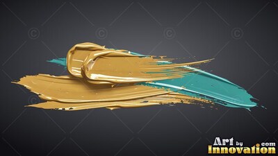 Against a deep gray background, thick glossy gold paint sweeps over a teal brushstroke