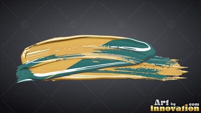 Sweeping across the dark backdrop, thick teal paint mixed with wet gold paint blends in smooth strokes
