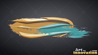 Thick glossy gold and turquoise paint marks on dark gray