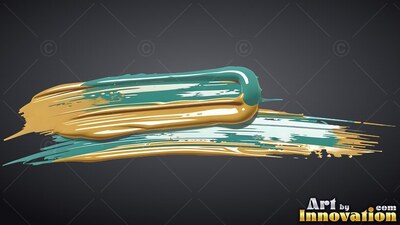 Thick ridges of glossy gold and teal paint sweep across a deep gray backdrop