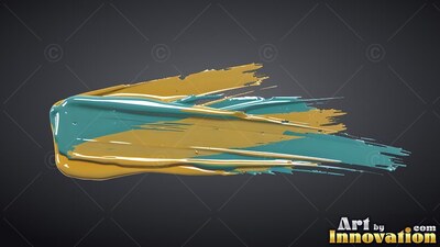 Thick paint sweeps across dark gray in streaks of glossy gold and teal