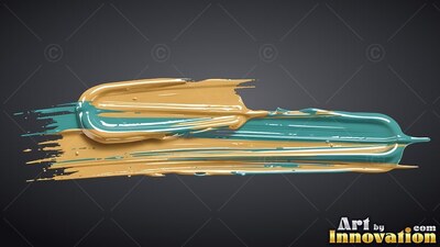 Stretched horizontally on a dark backdrop, thick strokes of teal and gold paint