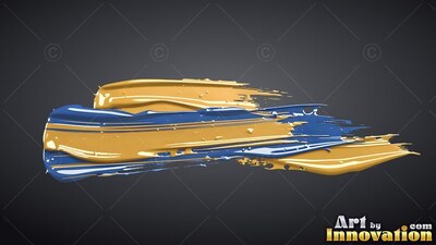 Thick streaks of glossy yellow and blue paint layered across a dark background