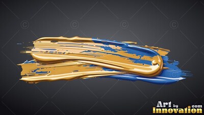 On a black background, a thick stroke of glossy gold and glossy blue paint sweeps across