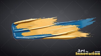Sweeping across a dark background, a thick paint stroke blends yellow and blue glossy oil