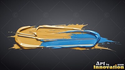 Glossy ridges define a thick stroke of yellow and bright blue paint spread over dark gray field
