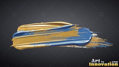 Thick paint sweeps horizontally in layers of glossy blue and warm ochre yellow