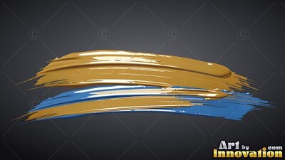 Curving horizontally across a deep gray background, gold and blue sweeps of paint sweep sideways