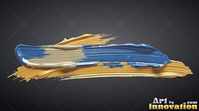Thick blue and metallic gold streaks of paint smear together across dark gray backdrop