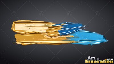 On a deep gray background, thick sweeps of paint sweep across in gold and bright blue