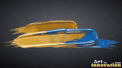 Layering horizontally, thick blue and wet gold paint strokes sweep across a gray background