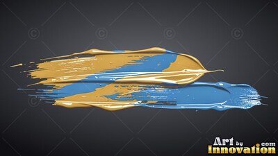Thick blue and gold paint strokes sweep across dark gray background