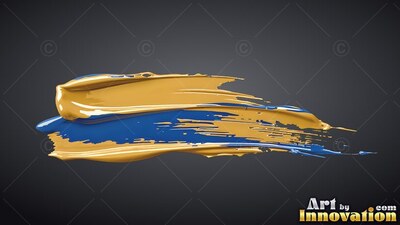 Thick ridges of glossy gold and glossy blue paint sweep across a deep gray backdrop
