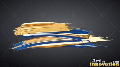 Gold and blue brushstrokes sweep sideways, showing bright highlights on the wet edges