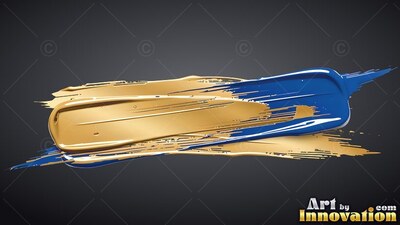 Lying horizontally on a dark gray backdrop, thick gold and bright blue paint marks