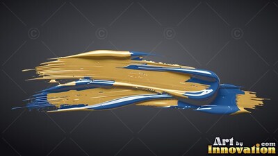 A thick swipe of glossy yellow and blue paint over a dark gray background