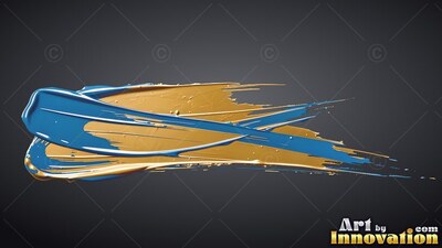On a dark gray backdrop, thick blue and gold streaks of paint sweep to the right