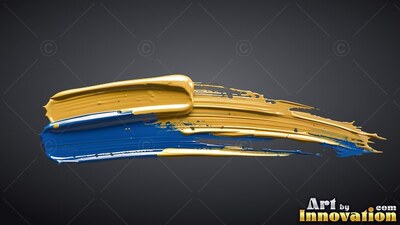 Sweeping across dark gray, thick yellow and blue paint strokes taper out to the right