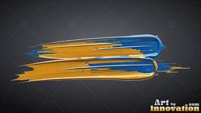 Thick brushstrokes of yellow and wet blue paint on gray