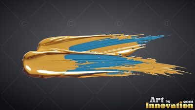 Thick yellow paint layered over blue strokes stretches across a dark gray backdrop