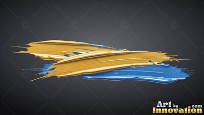 Gold and blue paint strokes sweep across dark gray, reflecting bright white highlights