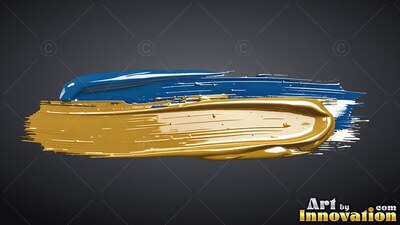 Swept horizontally on a deep gray background, broad gold and blue brushstrokes lie flat