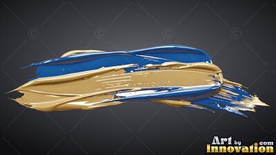 Thick strokes of glossy blue and gold paint smeared horizontally across dark gray